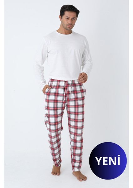 Erkek Bisiklet Yaka Ekose Pijama Takımı – Cep Detaylı, Kordonlu, Gri Melanj / Bej / Beyaz