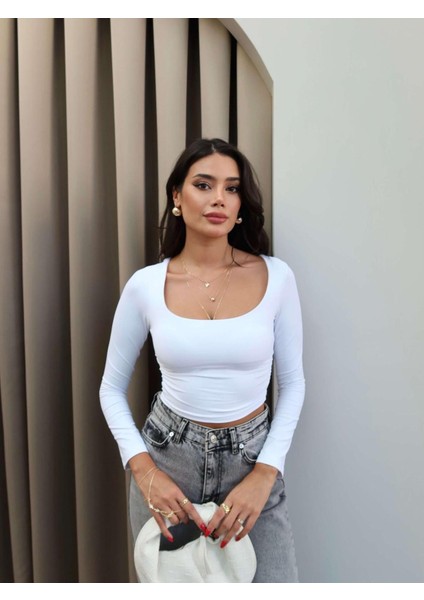 Basic Uzun Kollu Kare Yaka Crop Bluz