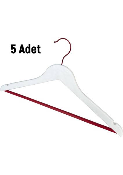 Renkli Ahşap Elbise Askısı, Gömlek Askısı, Elbise Askısı, Lastikli Barlı, Beyaz 5 Adet
