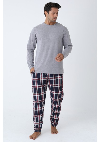Erkek Bisiklet Yaka Ekose Pijama Takımı – Cep Detaylı, Kordonlu, Gri Melanj / Bej / Beyaz modelleri