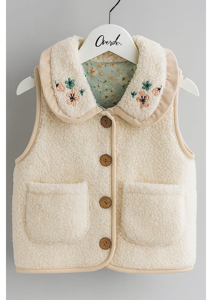 Kız Çocuk Welsoft Kuzu Içi Deseni Pamuk Astarlı Çiçek Nakışlı Cepli 1-4 Yaş Yelek