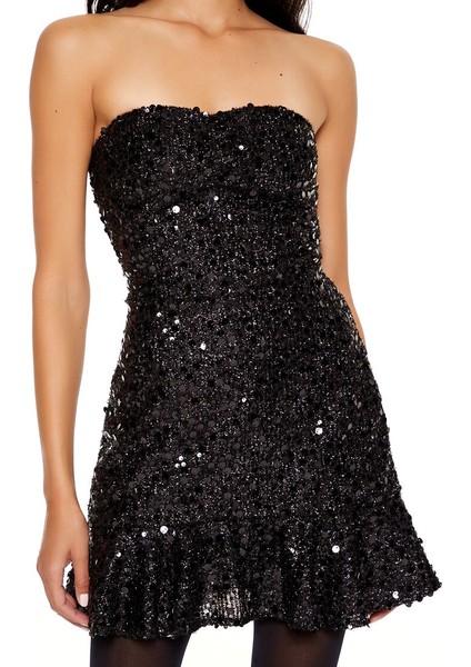 Straplez Yaka Payetli Mini Elbise