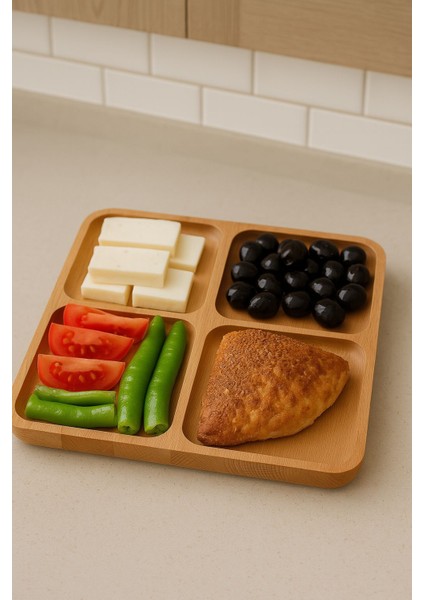 4 Bölmeli Masif Kayın Ahşap Sunumluk | Doğal Ahşap Kahvaltı & Atıştırmalık Servis Tabağı – 25X25 cm