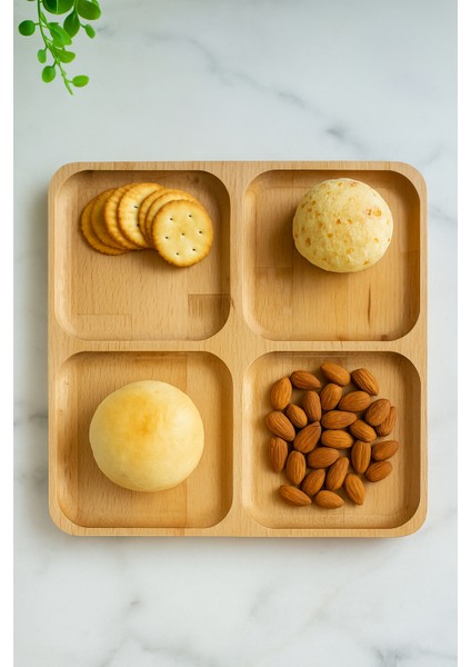 4 Bölmeli Masif Kayın Ahşap Sunumluk | Doğal Ahşap Kahvaltı & Atıştırmalık Servis Tabağı – 25X25 cm fırsatları