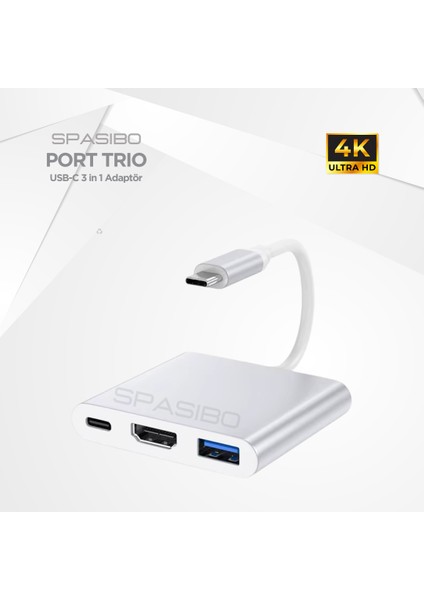 Port Trio Usb-C HUB 3 In 1 Adaptör | 4K UHD Hdmı, Hızlı Veri Transferi ve Çoklu Bağlantı Deneyimi!