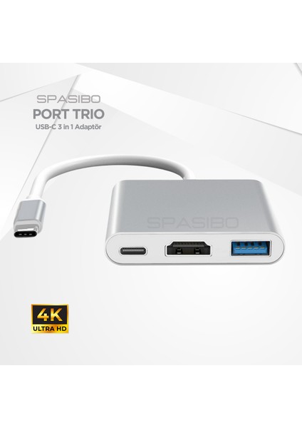 Port Trio Usb-C HUB 3 In 1 Adaptör | 4K UHD Hdmı, Hızlı Veri Transferi ve Çoklu Bağlantı Deneyimi!