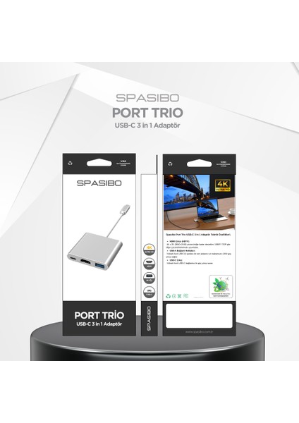Port Trio Usb-C HUB 3 In 1 Adaptör | 4K UHD Hdmı, Hızlı Veri Transferi ve Çoklu Bağlantı Deneyimi!