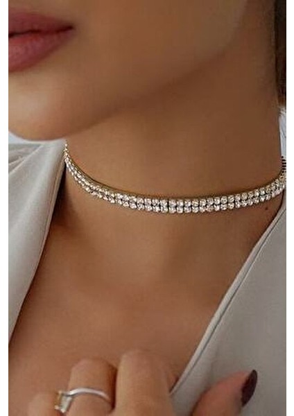 Kadın Çift Sıra Zirkon Taşlı Rhinestone Choker Kolye