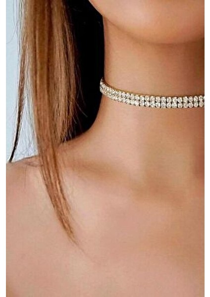 Kadın Çift Sıra Zirkon Taşlı Rhinestone Choker Kolye fiyatları