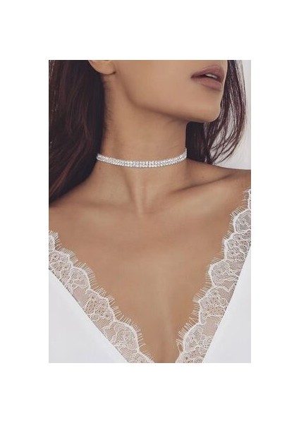 Kadın Çift Sıra Zirkon Taşlı Rhinestone Choker Kolye modelleri