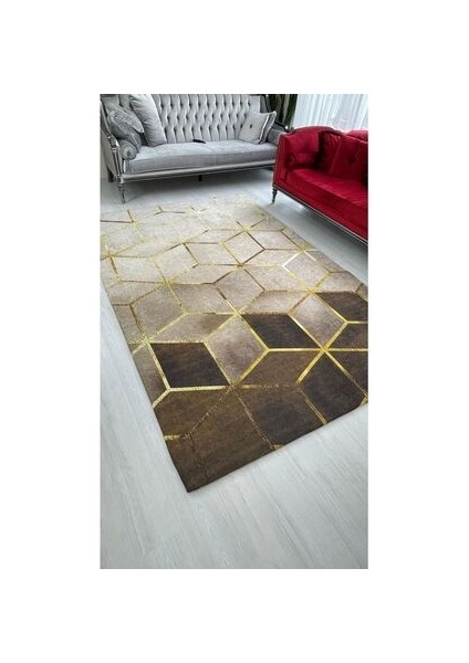 Kahve Piramit Model Ipek Kadife Lastikli Halı Örtüsü