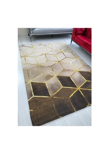 Kahve Piramit Model Ipek Kadife Lastikli Halı Örtüsü