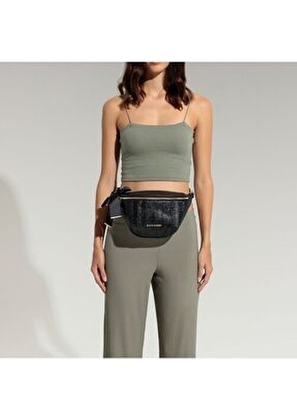 Çizgili Hasır Kolon Askılı Kadın Bel Çantası - Breeze Waist Siyah fırsatları