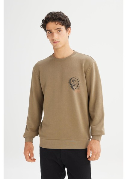 Erkek Baskılı Sweatshirt Khaki