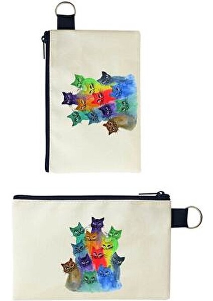 Kedi Baskılı Kanvas Makyaj Çantası Kadınlar İçin Şık ve Eğlenceli Tasarım