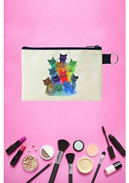 Kedi Baskılı Kanvas Makyaj Çantası Kadınlar İçin Şık ve Eğlenceli Tasarım modelleri