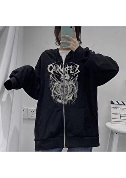 Lagom Moda Carnifex Baskılı Oversize Fermuarlı Siyah Unisex Kapüşonlu Hırka