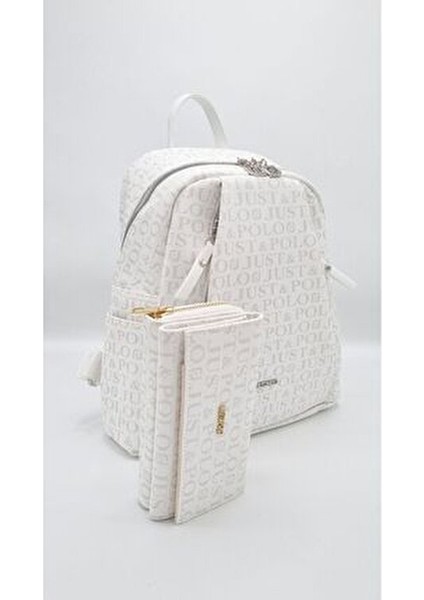 Kadın Beyaz 9 Bölmeli Gofraj Baskılı Sırt Çantası ve Cüzdan Kombini