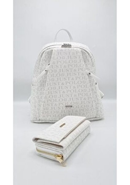 Kadın Beyaz 9 Bölmeli Gofraj Baskılı Sırt Çantası ve Cüzdan Kombini modelleri