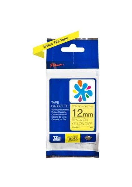 TZE-S631 12MM Sarı Üzerine Siyah Güçlü Yapışkanlı Laminasyonlu Muadil Etiket