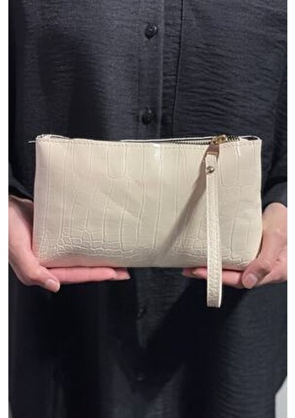 Kadın Krem Kroko Pörtföy El Çantası Suni Deri Timsah Desenli Basic Koleksiyon