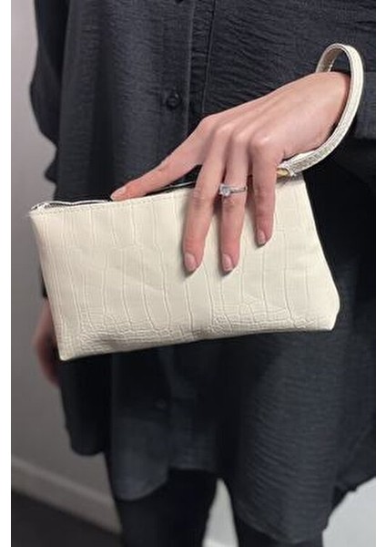 Kadın Krem Kroko Pörtföy El Çantası Suni Deri Timsah Desenli Basic Koleksiyon fiyatları