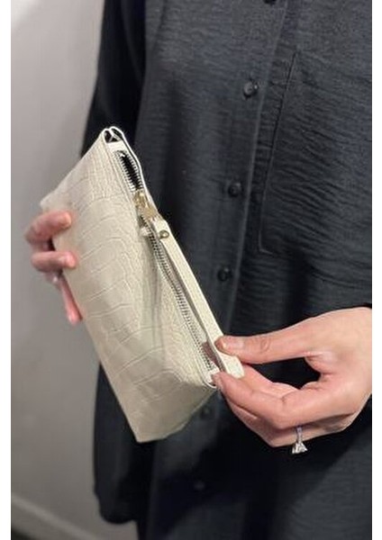 Kadın Krem Kroko Pörtföy El Çantası Suni Deri Timsah Desenli Basic Koleksiyon modelleri