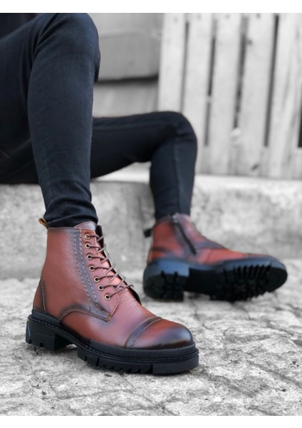ET0187 Içi Dışı Hakiki Deri Taba Erkek Fermuarlı Yarım Bot fiyatları