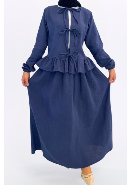 Müslin Etekli Takım-Rahat Kalıp Etekli Müslin Kumaş %100 Pamuk Kadın Kimono Takım