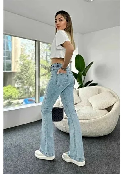Maysa 90's Likralı Kadın Buz Mavi Yüksek Bel Flare Jean Ispanyol Paça Kot Pantolon