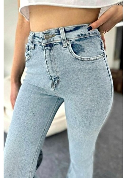 Maysa 90's Likralı Kadın Buz Mavi Yüksek Bel Flare Jean Ispanyol Paça Kot Pantolon fiyatları
