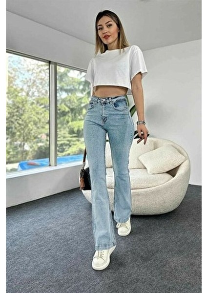 Maysa 90's Likralı Kadın Buz Mavi Yüksek Bel Flare Jean Ispanyol Paça Kot Pantolon modelleri