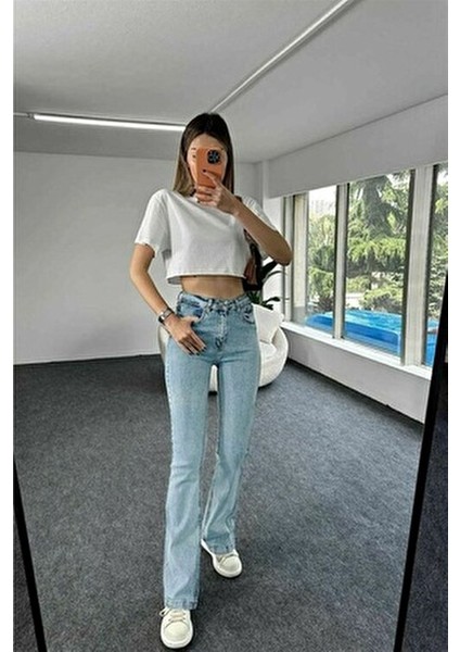 Maysa 90's Likralı Kadın Buz Mavi Yüksek Bel Flare Jean Ispanyol Paça Kot Pantolon fırsatları