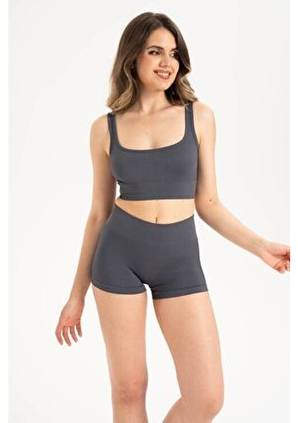 Dikişsiz Yüksek Bel Fitilli Rahat Esnek Spor Kısa Şort 9004