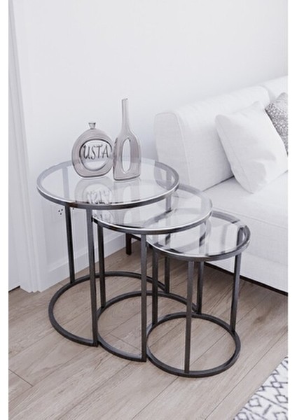 Usta Siyah Metal Zigon Sehpa - Şeffaf Temperli Cam