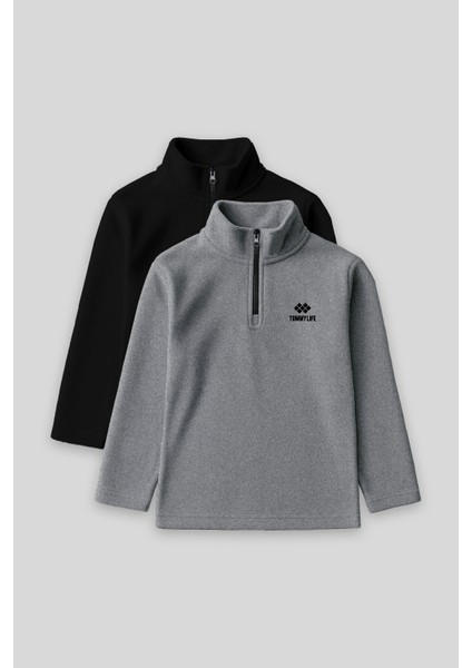 Standart Fit 2li Paket Siyah-Gri Melanj Erkek Çocuk Polar Sweatshirt - 11221