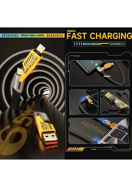 4in1 Pd 65 Watt Type-C/27 Watt iPhone Halat Örgü Kırılmaz Uç 1mt Hızlı Şarj ve Data Kablosu FP98