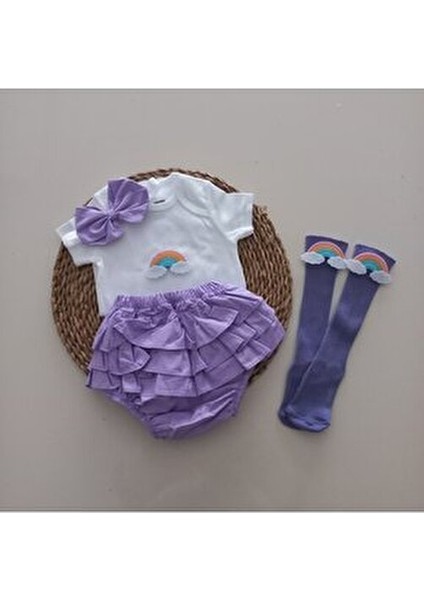 Kız Bebek Lila Gökkuşağı Fırfır Şort Etek Bodyli Çorap Takımı