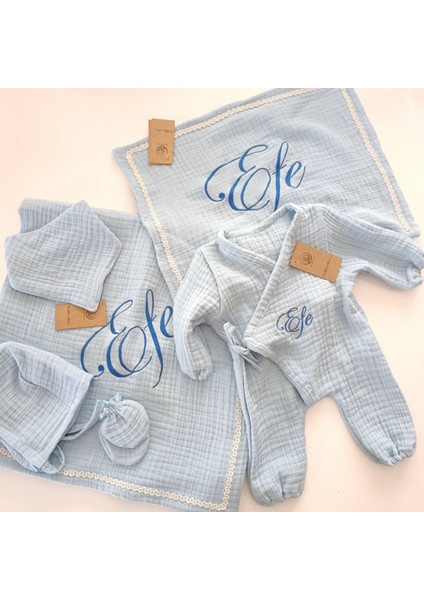 Isme Özel 6 Parça Mavi Müslin Hastane Çıkışı Seti