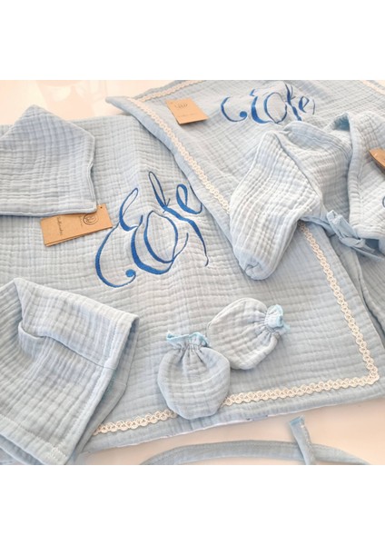 Isme Özel 6 Parça Mavi Müslin Hastane Çıkışı Seti modelleri