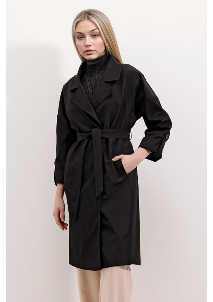 Kadın BDART Desenli Polyester Trençkot, Şal Yaka Siyah fiyatları