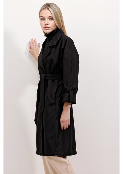 Kadın BDART Desenli Polyester Trençkot, Şal Yaka Siyah modelleri