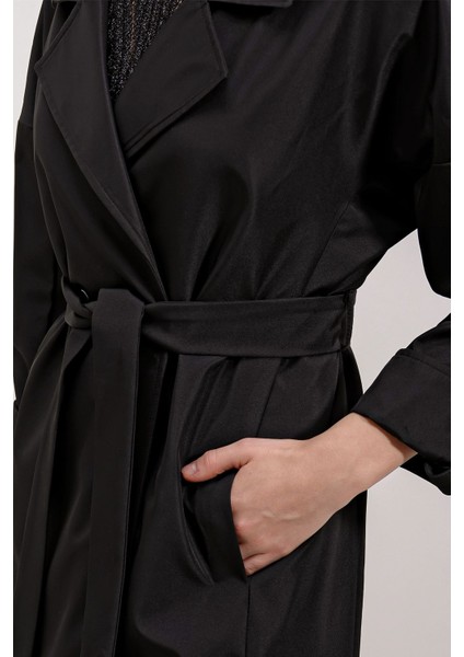 Kadın BDART Desenli Polyester Trençkot, Şal Yaka Siyah fırsatları