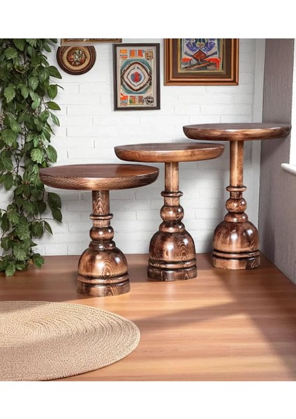 Doğal Ahşap 3'lü Set Mantar Yan Sehpa Modern Fiskos Zigon Çiçeklik modelleri