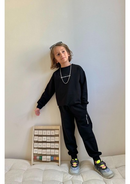 Düz Yazı Baskılı Sweatshirt-Eşofman Altı Mevsimlik Erkek Çocuk Takım modelleri