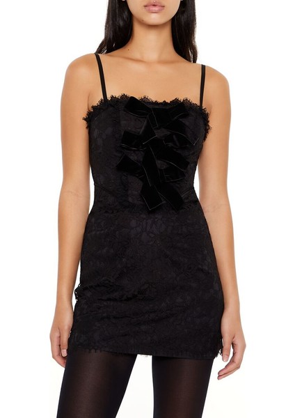 Dantel ve Fiyonk Detaylı Mini Elbise