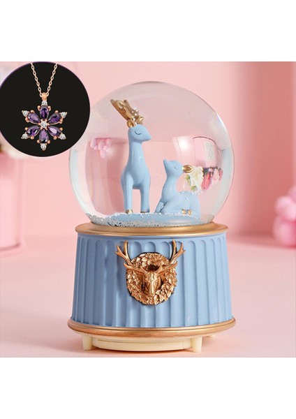Geyikli Orta Boy Işıklı Müzikli Kar Küresi ve Lotus Çiçeği Kolye