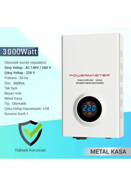 Powermaster SLIM-3000 Otomatik 3000 Watt Kombi Voltaj Regülatörü