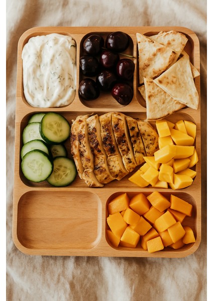 6 Bölmeli Masif Kayın Ahşap Sunumluk | Doğal Ahşap Kahvaltı & Servis Tabağı – 27X34 cm