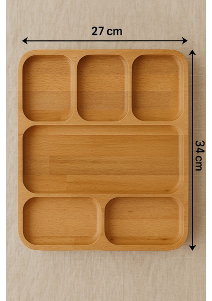 6 Bölmeli Masif Kayın Ahşap Sunumluk | Doğal Ahşap Kahvaltı & Servis Tabağı – 27X34 cm fiyatları